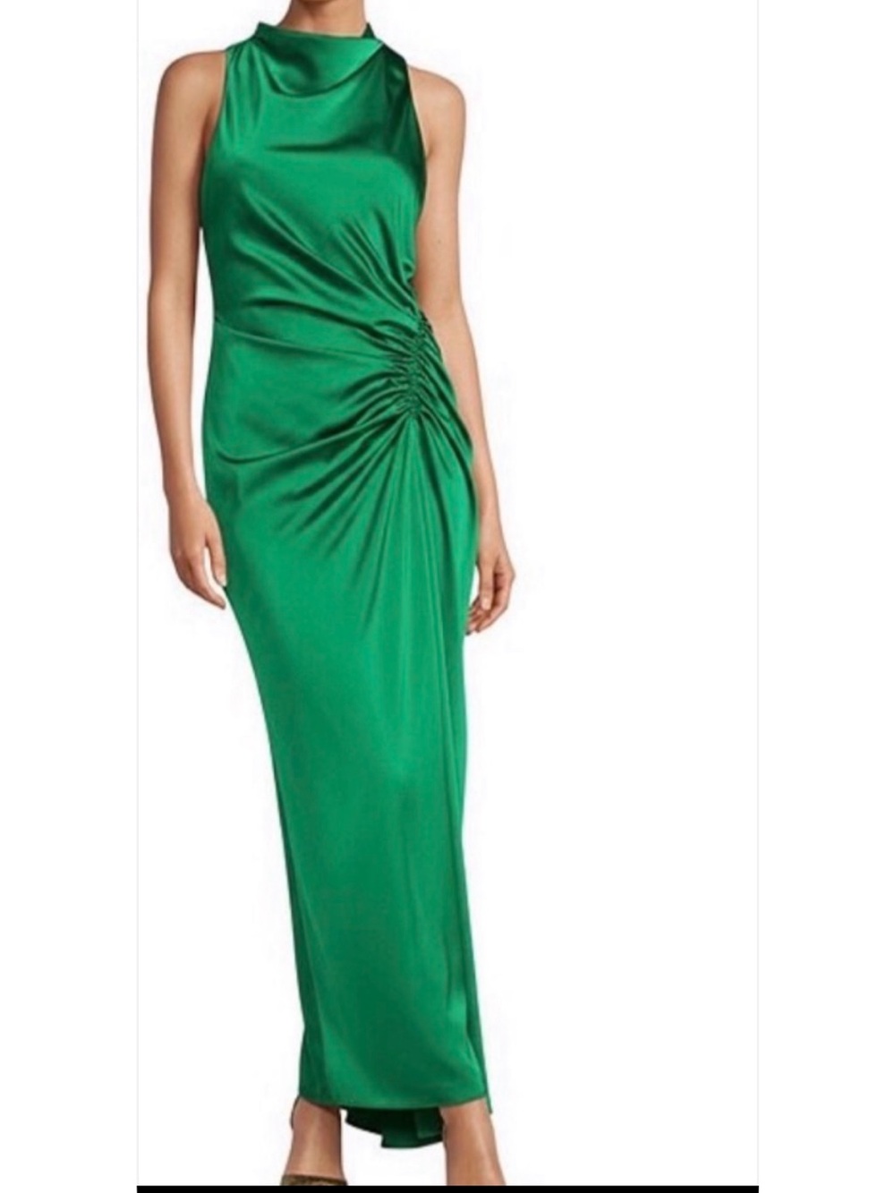 ANTONIO MELANI Emerald Green Satin Halter Maxi Dress with Side Ruche